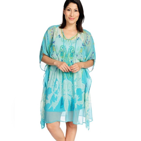 Blue embellished short caftan Tunic w/slip Large - Picture 1 of 3